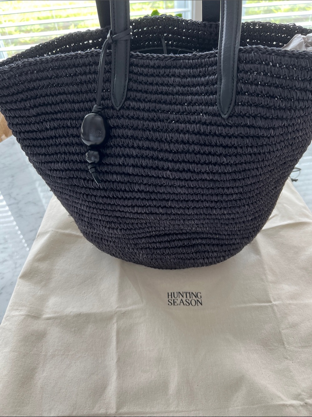 Hunting Season Black Woven Raffia Market Tote Bag Leather Straps Charm
